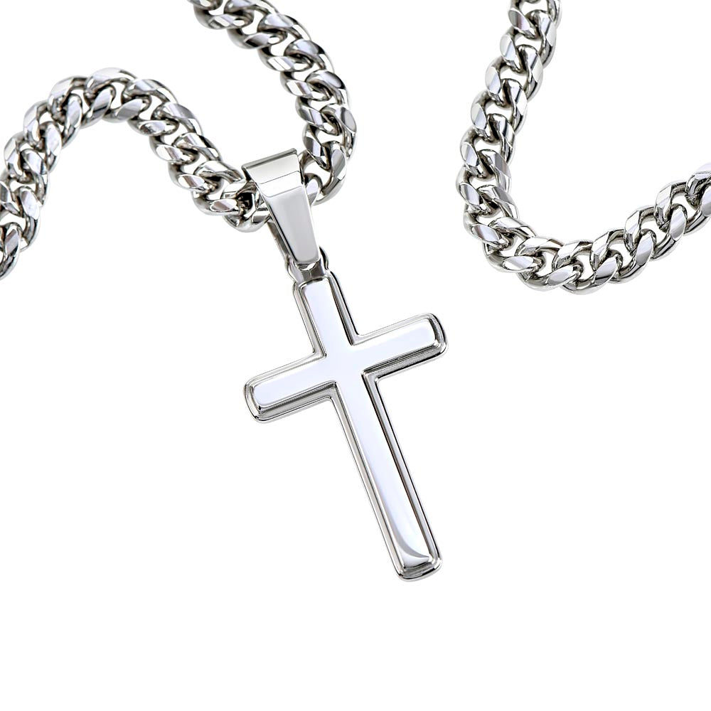 Dad- Forgotten to thank you-Personalized Cuban Chain with Artisan Cross Necklace