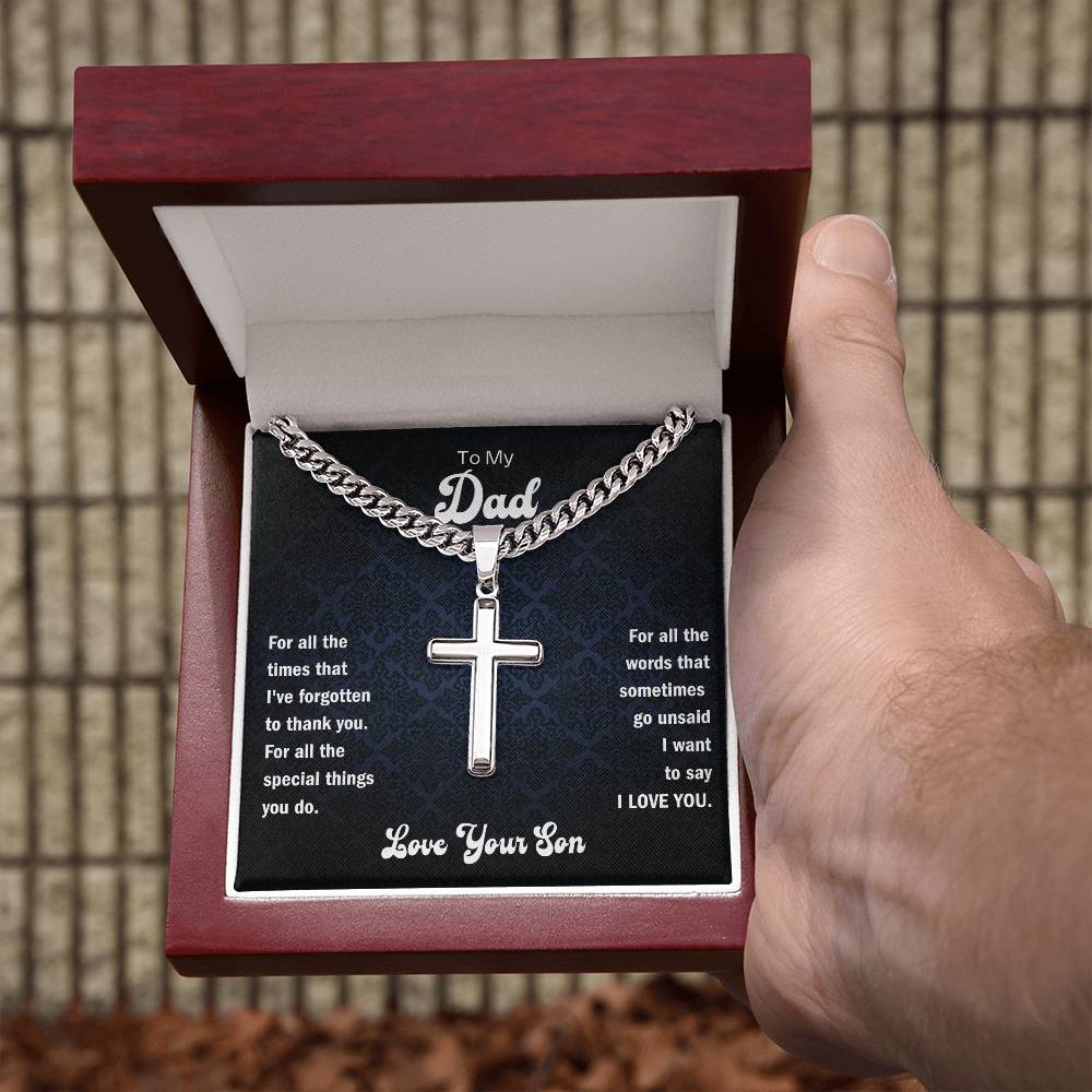 Dad- Forgotten to thank you-Personalized Cuban Chain with Artisan Cross Necklace