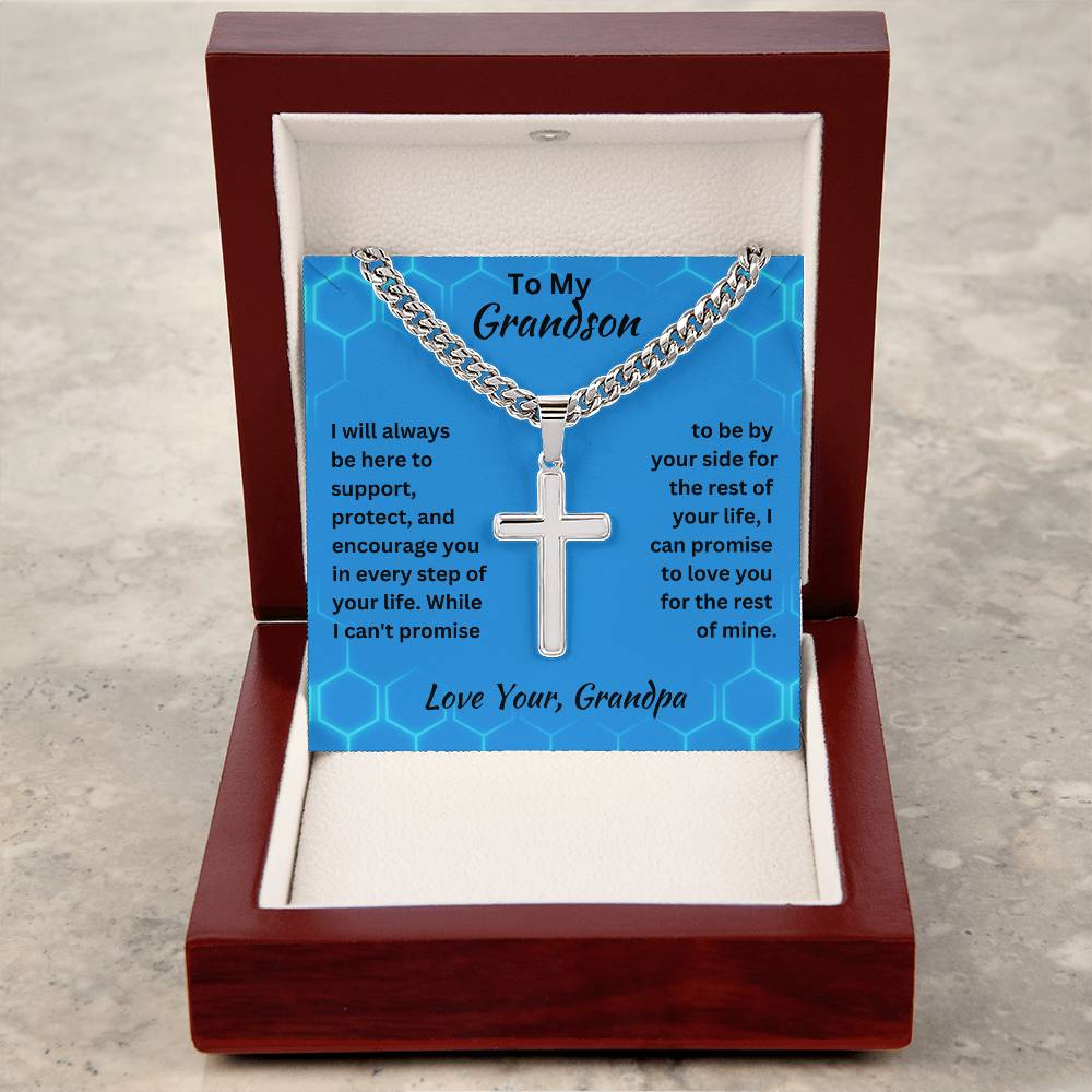 Grandson- Here to support-Cuban Chain with Artisan Cross Necklace